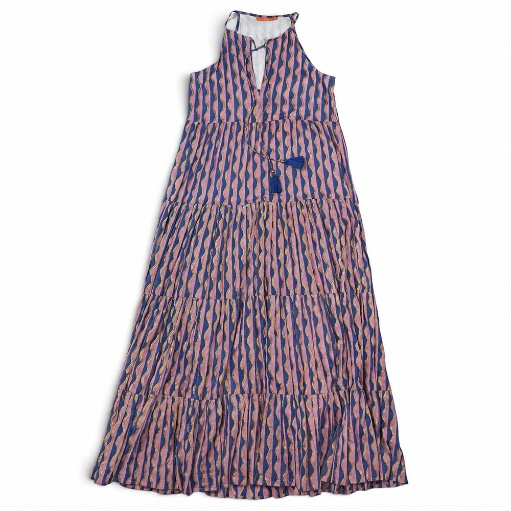 Oliphant Pink Blue Gold Stripe Halter Maxi Dress S Resort Boho